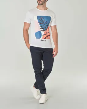 T-shirt bianca in puro cotone con stampa botanica astratta multicolore